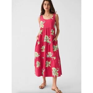 Faherty Pink Tropical Tiered Sleeveless Lanai Orchid Midi Dress Size Medium